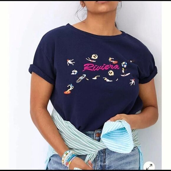 Anthropologie I MAEVE Beach Embroidered Sweatshirt Tee Size Small - Picture 1 of 2